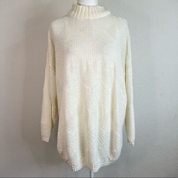 VINTAGE 80s spunky off white oversized textured diamond print high neck sweater - Picture 1 of 7